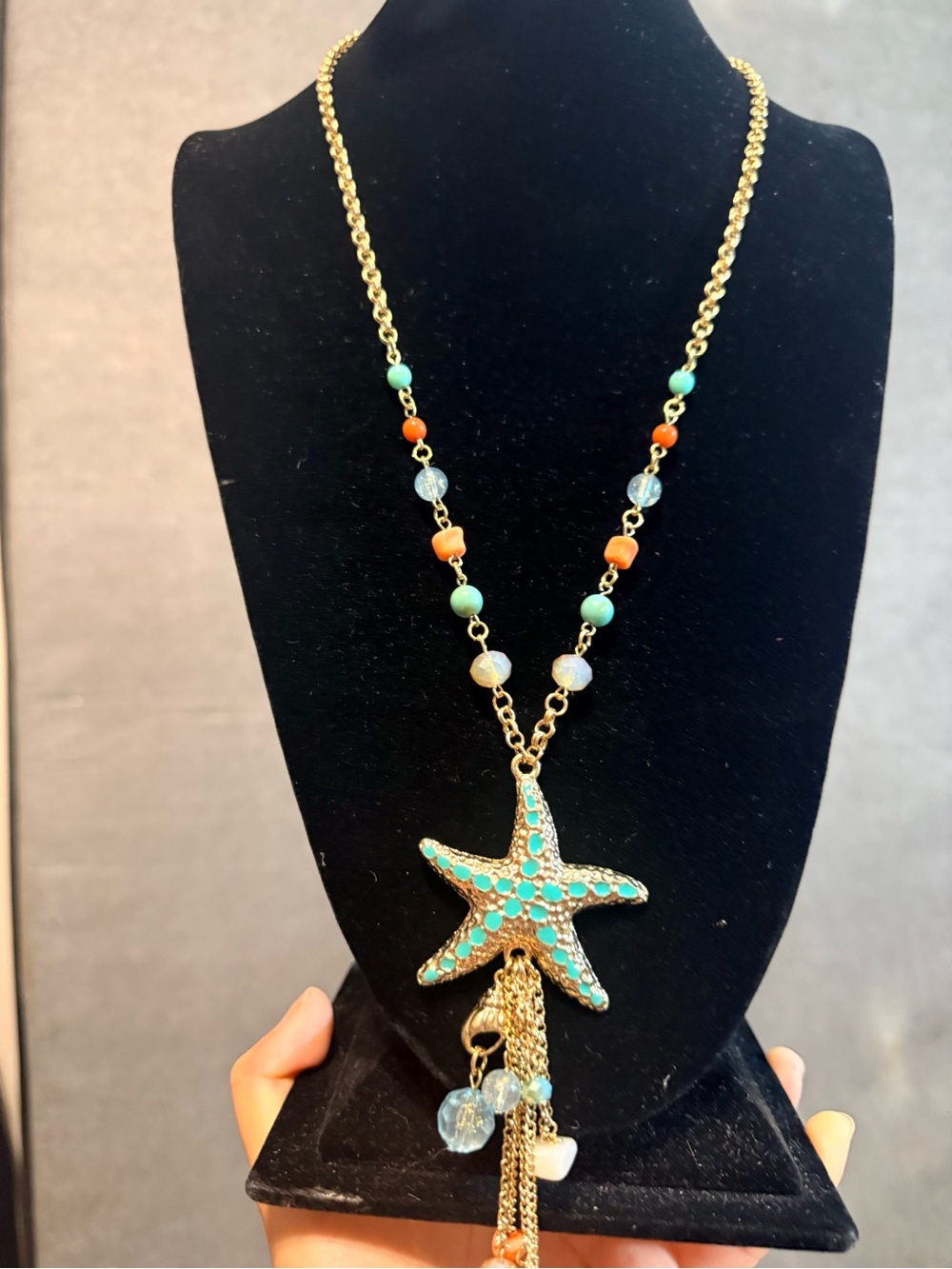 Charming Charlie Gold Starfish Necklace with Turquoise & Coral Beads